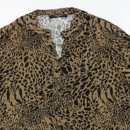 Zabaione Womens Brown Animal Print Viscose Basic Blouse Size L V-Neck