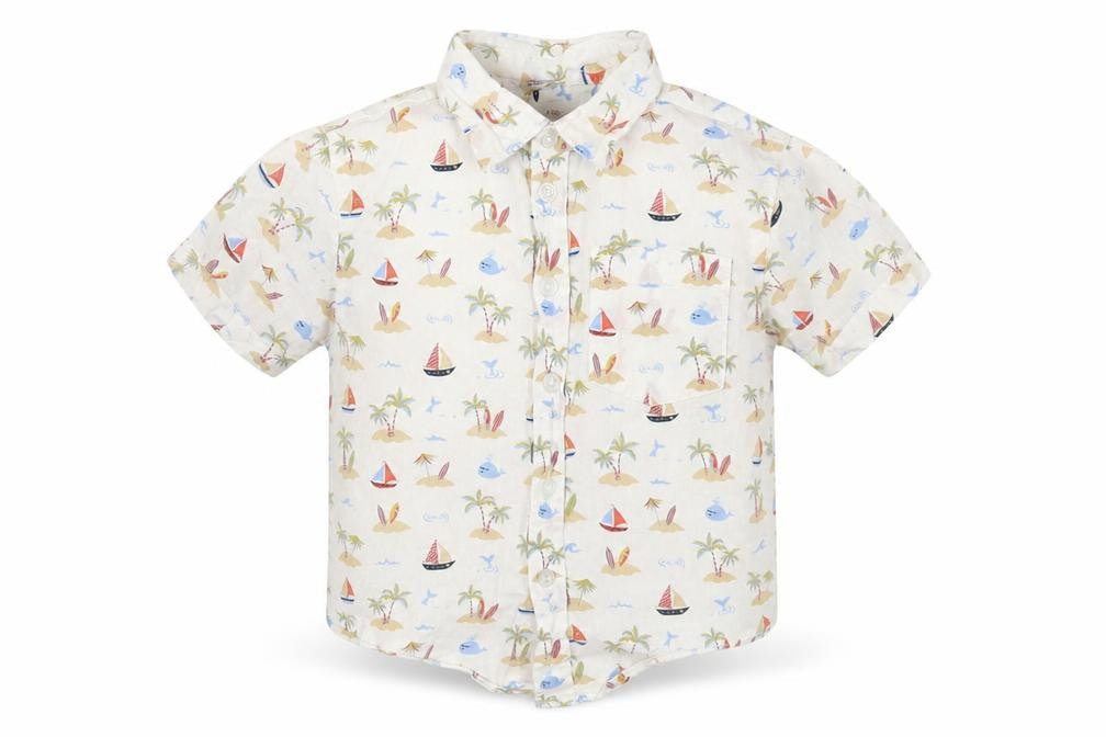 Front view of buttons & Thread boys’ white geometric cotton basic button-up, size 3, years collared button