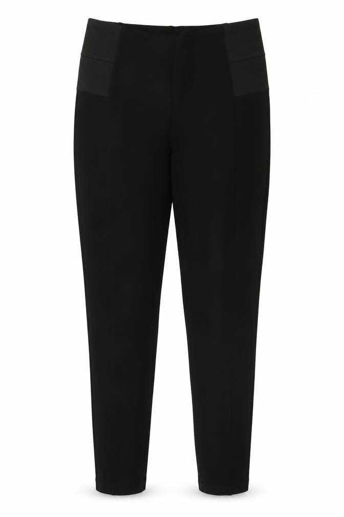 Front view of Preworn women’s black polyester trousers, size UK 30, in, 28-inch leg regular