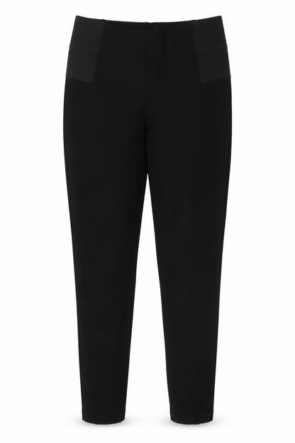 Front view of Preworn women’s black polyester trousers, size UK 30, in, 28-inch leg regular