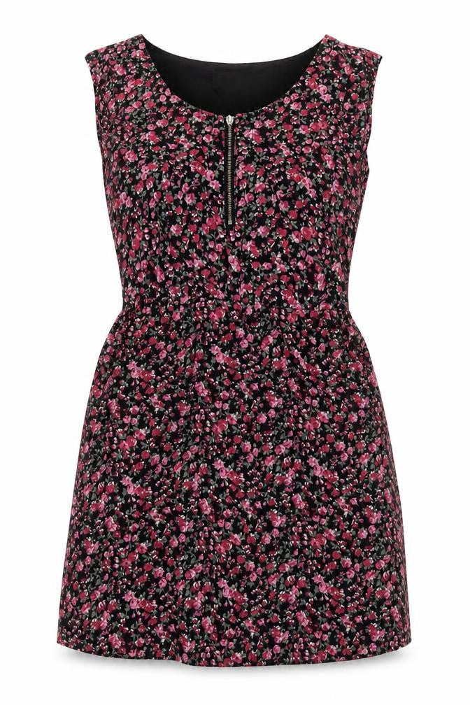 Front view of Tokyo Doll women’s pink floral viscose a-line, size UK 10, crew neck zip