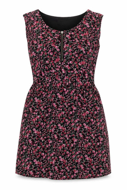 Front view of Tokyo Doll women’s pink floral viscose a-line, size UK 10, crew neck zip