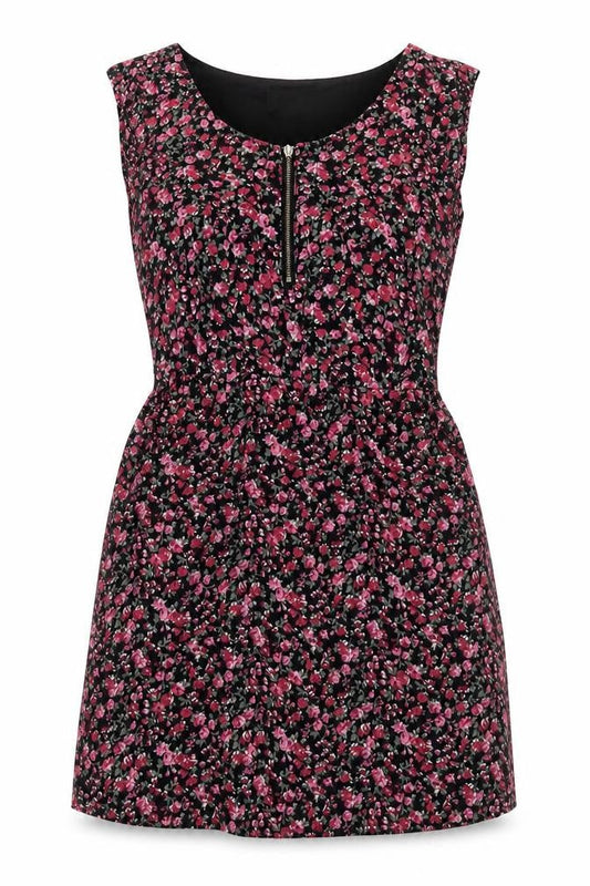 Front view of Tokyo Doll women’s pink floral viscose a-line, size UK 10, crew neck zip
