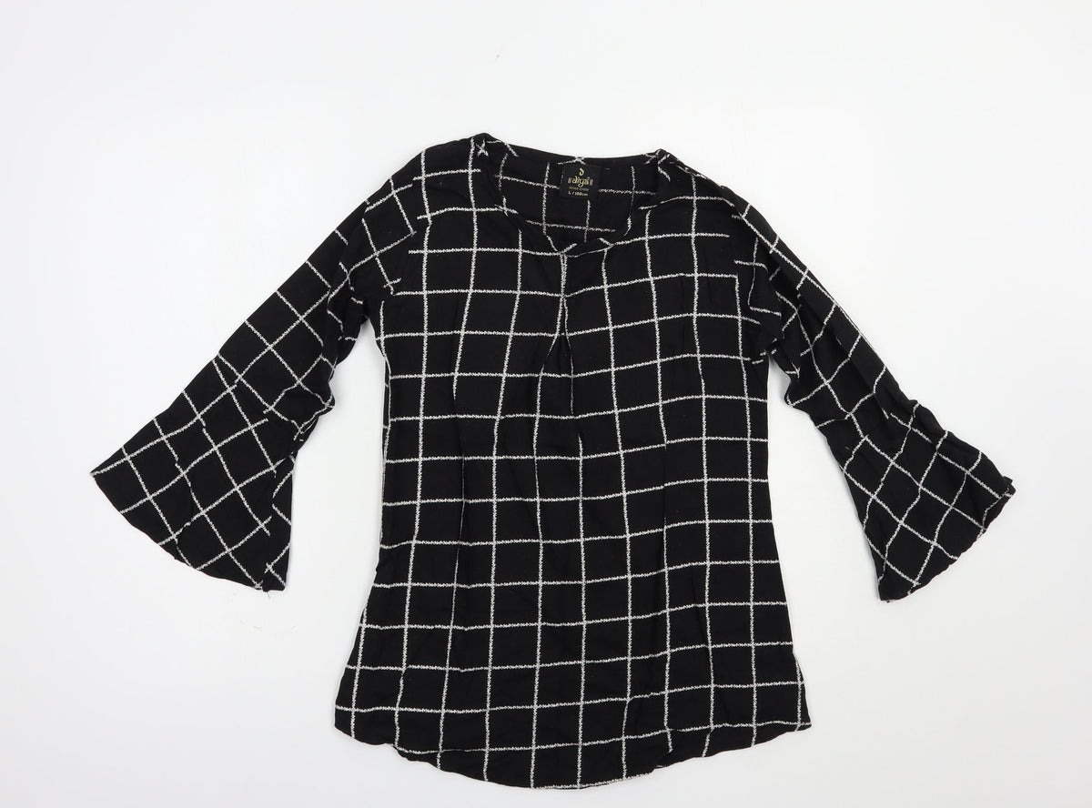 Additional front view of Diya women’s black check cotton basic blouse, size L, crew neck