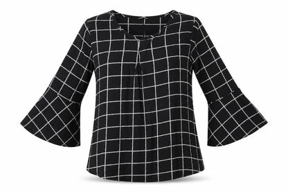 Front view of Diya women’s black check cotton basic blouse, size L, crew neck