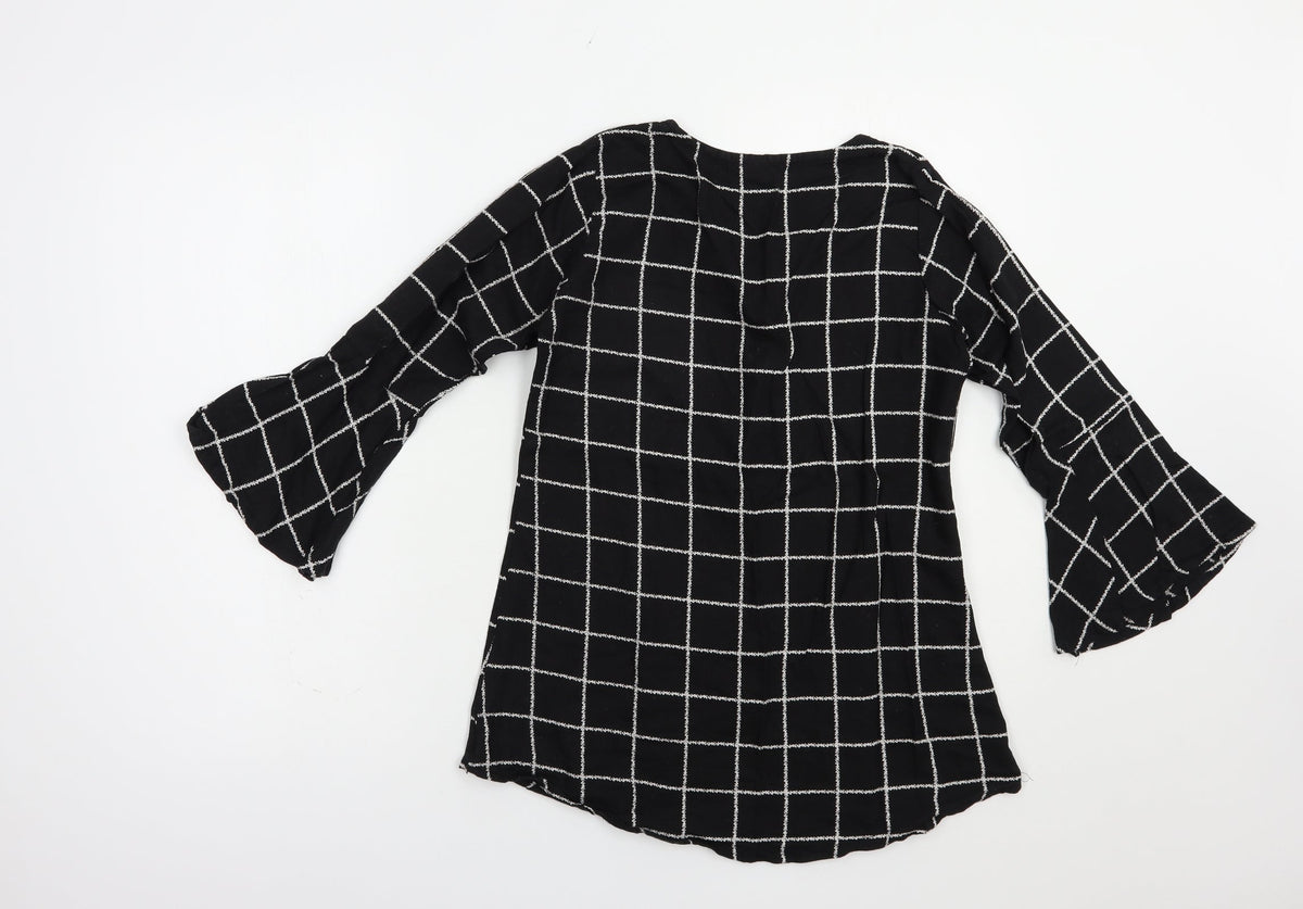 Back view of Diya women’s black check cotton basic blouse, size L, crew neck