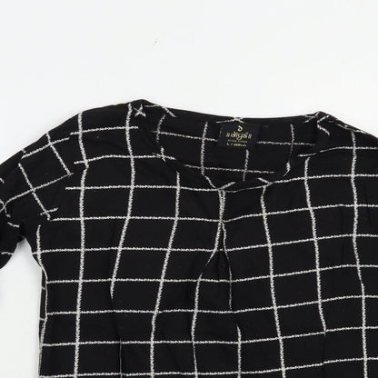 Close-up detail of Diya women’s black check cotton basic blouse, size L, crew neck