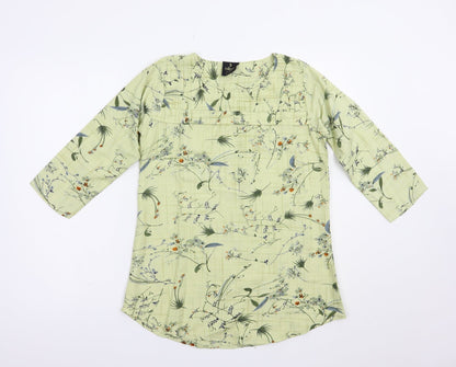 Diya Womens Green Floral Cotton Basic Blouse Size L Crew Neck