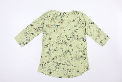 Diya Womens Green Floral Cotton Basic Blouse Size L Crew Neck