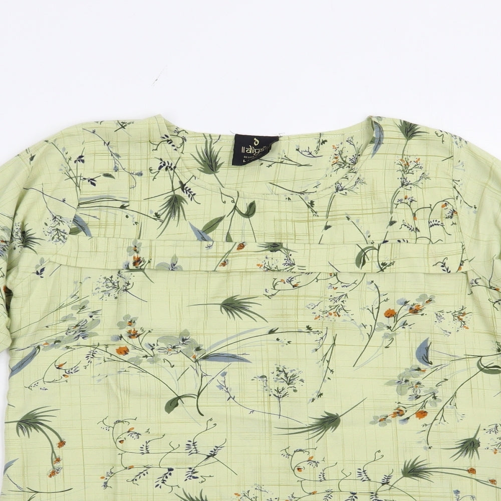 Diya Womens Green Floral Cotton Basic Blouse Size L Crew Neck