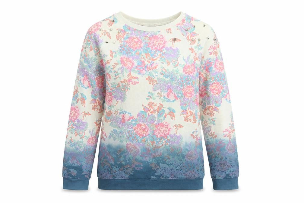 Front view of Topshop women’s multicoloured floral cotton pullover sweatshirt, size UK 8, pullover