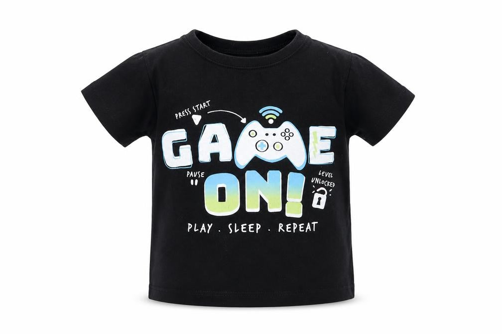 Front view of B&M boys’ black cotton pullover t-shirt, size 5, years crew neck pullover - game on
