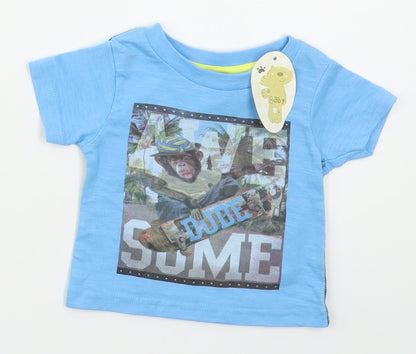 Additional front view of Peacocks boys’ blue cotton basic t-shirt, size 6-9, months crew neck pullover - awesome monkey