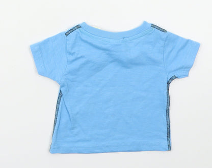 Back view of Peacocks boys’ blue cotton basic t-shirt, size 6-9, months crew neck pullover - awesome monkey
