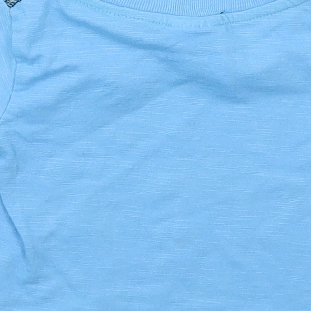 Brand and care label for Peacocks boys’ blue cotton basic t-shirt, size 6-9, months crew neck pullover - awesome monkey