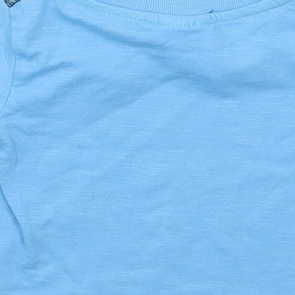 Brand and care label for Peacocks boys’ blue cotton basic t-shirt, size 6-9, months crew neck pullover - awesome monkey