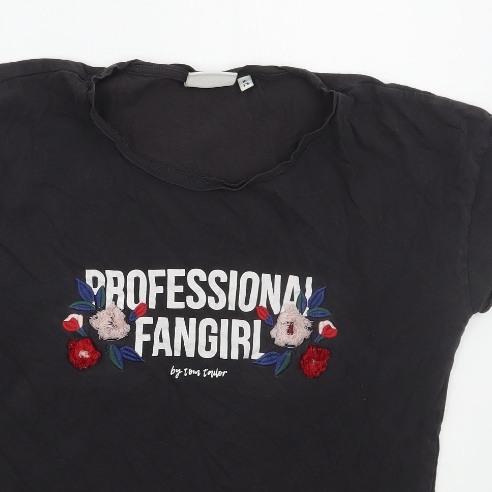 TOM TAILOR Girls Grey  Cotton Basic T-Shirt Size 15 Years Crew Neck Pullover - Professional Fangirl