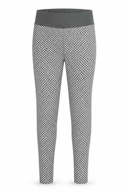 Front view of Preworn women’s grey geometric polyester snow pants leggings, size UK 25, in, 24-inch leg regular