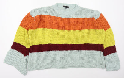 Love & Other Things Womens Blue Crew Neck Striped Cotton Pullover Jumper Size L   - Orange and Red