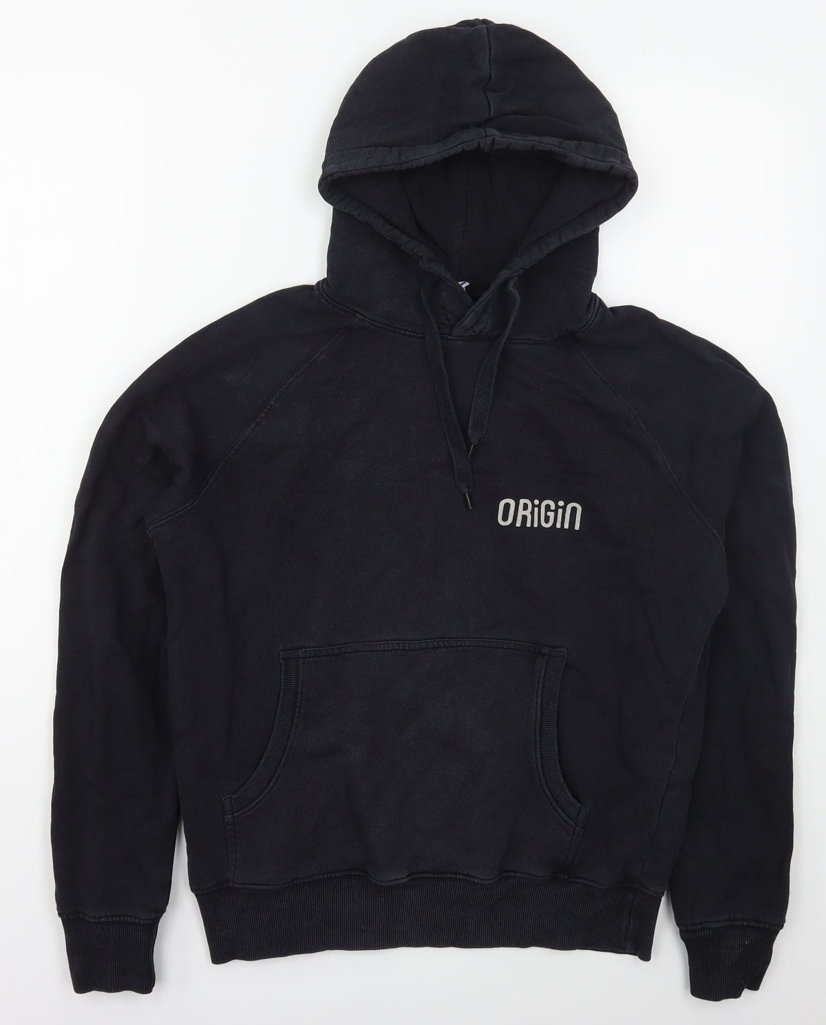 Front view of Payinga men’s black cotton pullover hoodie, size S, - origin