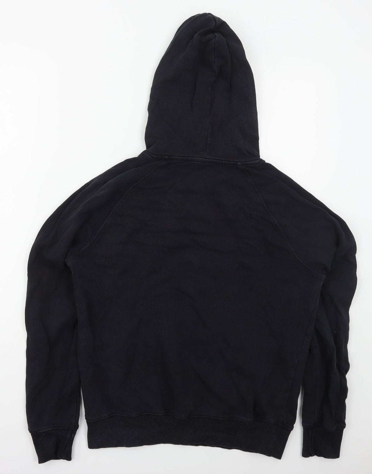 Back view of Payinga men’s black cotton pullover hoodie, size S, - origin