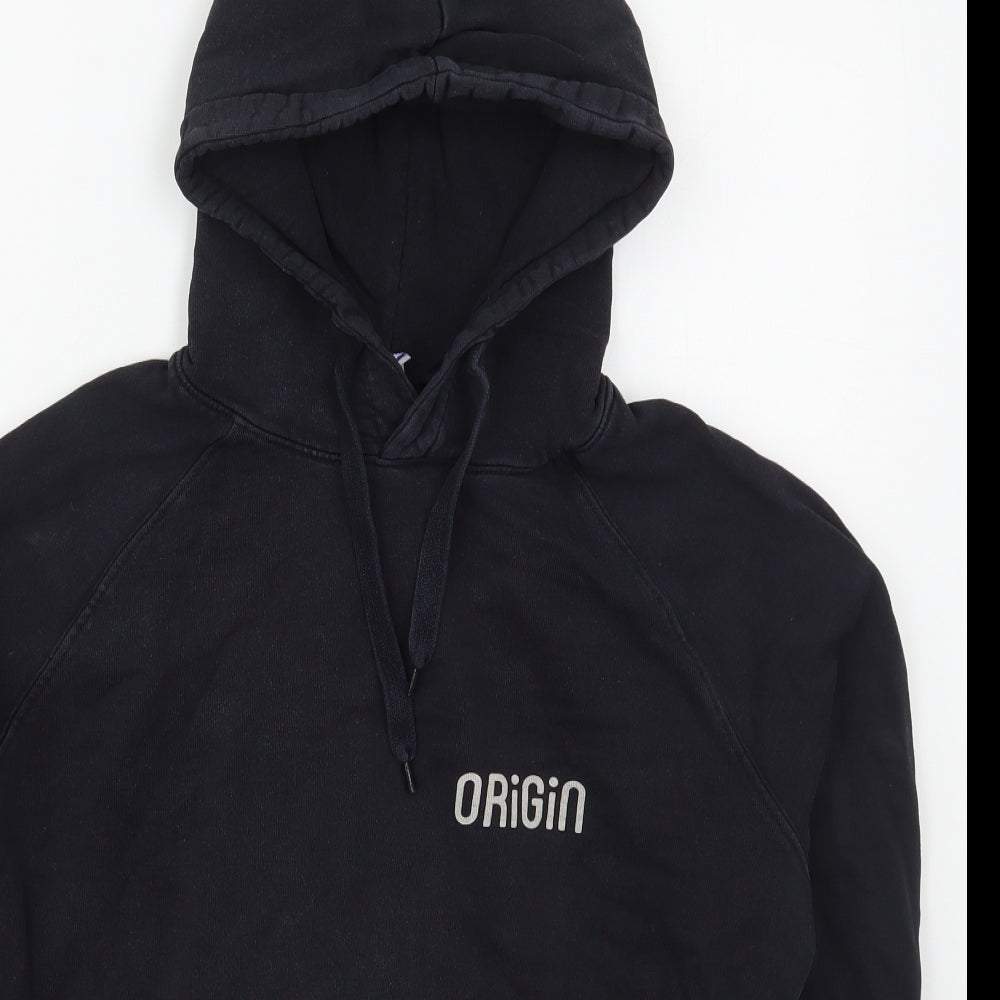 Close-up detail of Payinga men’s black cotton pullover hoodie, size S, - origin