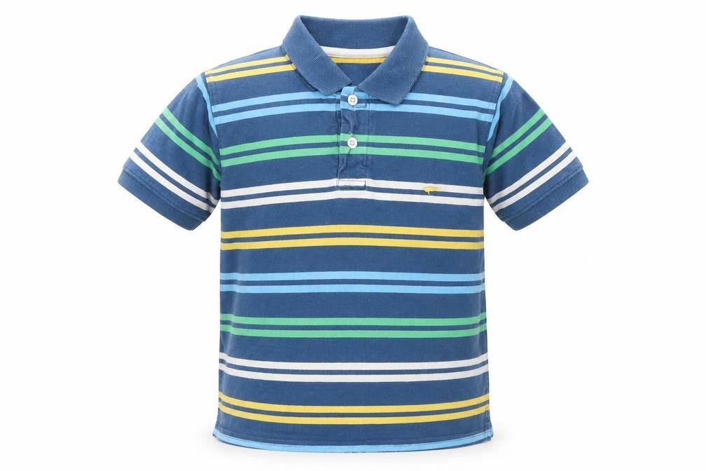Front view of Dunnes boys’ blue striped cotton basic polo, size 5, years collared pullover