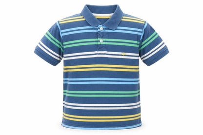Front view of Dunnes boys’ blue striped cotton basic polo, size 5, years collared pullover