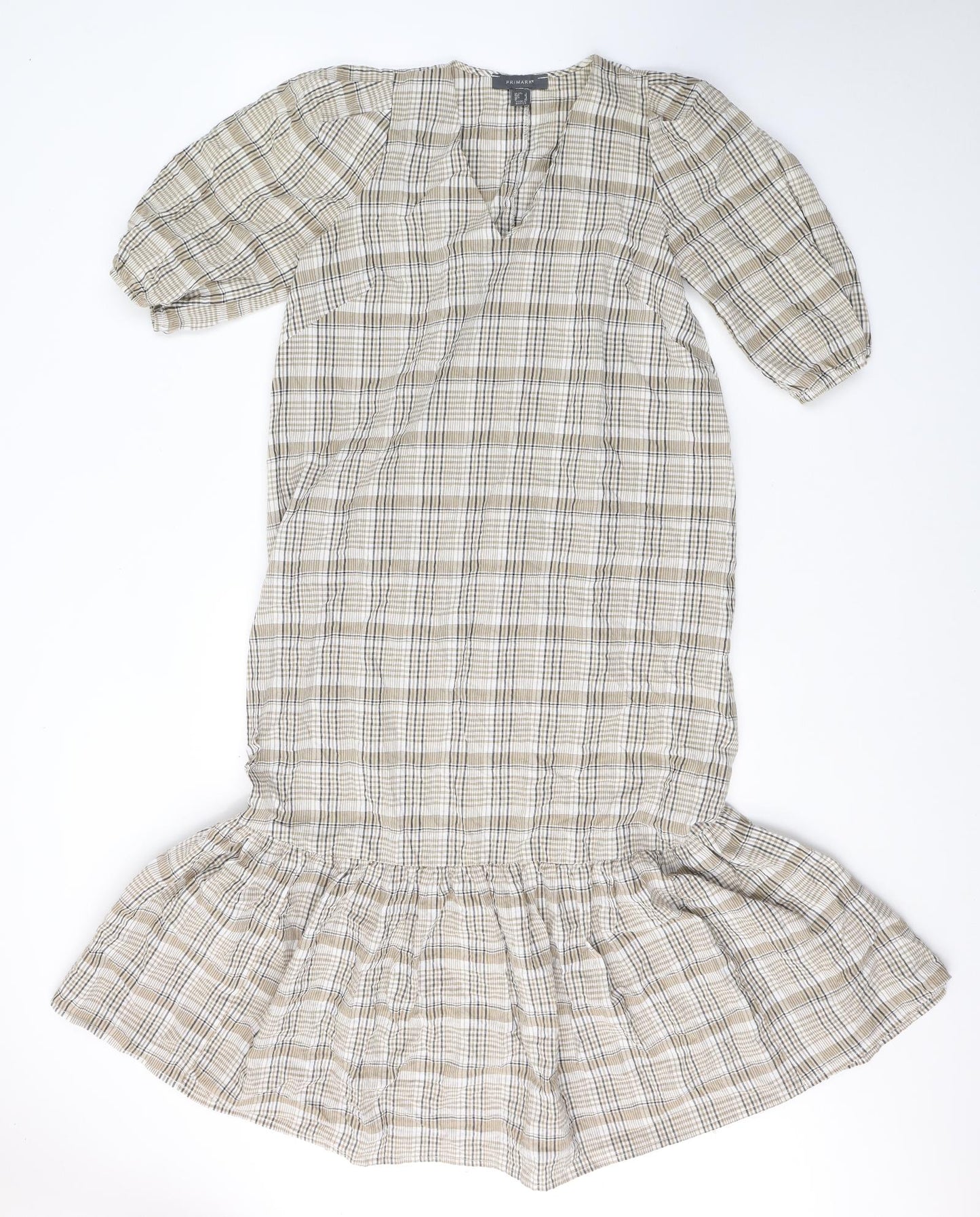 Primark Womens Beige Plaid Cotton Mermaid  Size 8  V-Neck Pullover