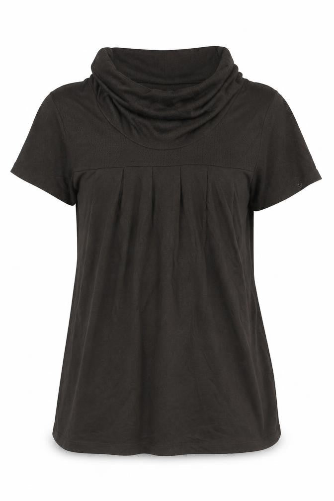 Front view of H&M women’s brown viscose jersey t-shirt, size M, roll neck