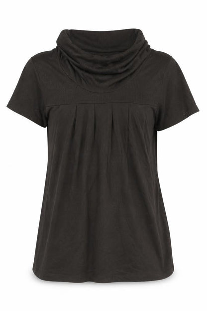 Front view of H&M women’s brown viscose jersey t-shirt, size M, roll neck
