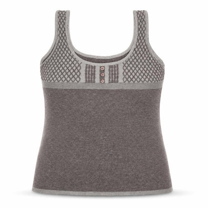 Front view of Per Una women’s brown round neck geometric acrylic vest jumper, size UK 16