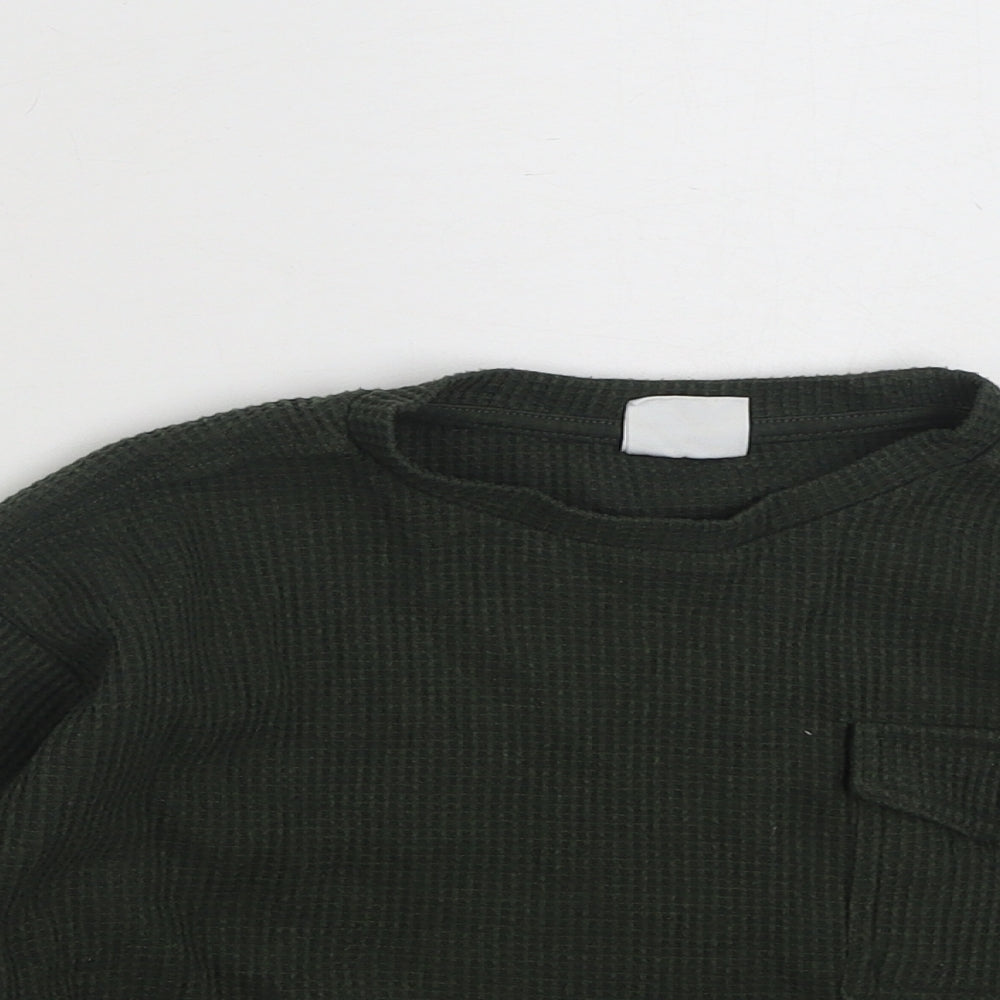 Close-up detail of Zara girls’ green polyester pullover sweatshirt, size 6, years pullover - cropped