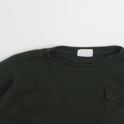 Close-up detail of Zara girls’ green polyester pullover sweatshirt, size 6, years pullover - cropped