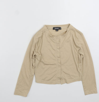 Front view of Missguided women’s beige polyester cardigan sweatshirt, size UK 10, button