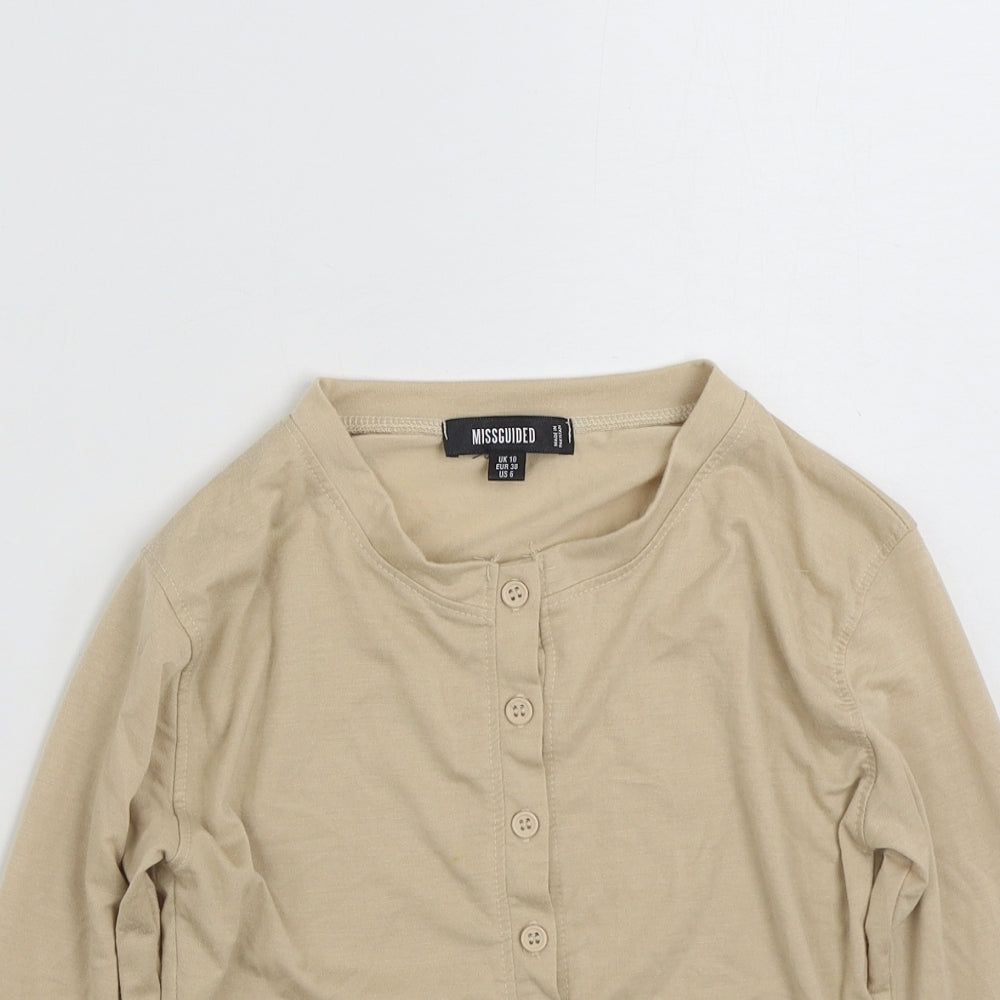 Close-up detail of Missguided women’s beige polyester cardigan sweatshirt, size UK 10, button