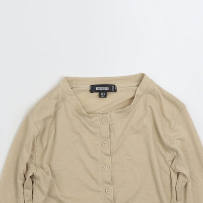 Close-up detail of Missguided women’s beige polyester cardigan sweatshirt, size UK 10, button