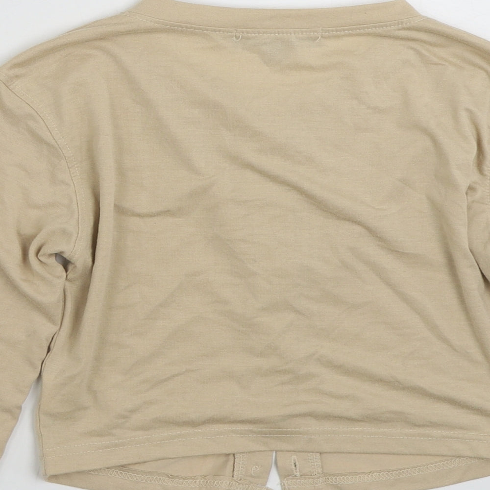 Brand and care label for Missguided women’s beige polyester cardigan sweatshirt, size UK 10, button