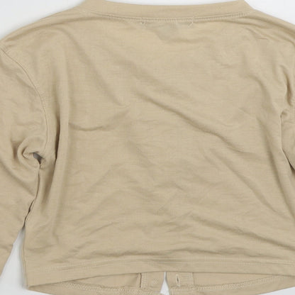 Brand and care label for Missguided women’s beige polyester cardigan sweatshirt, size UK 10, button