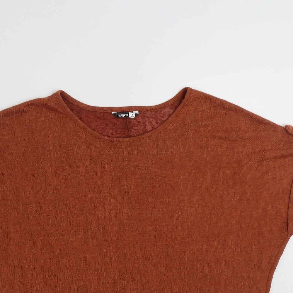 Close-up detail of Pep&Co women’s brown 100% polyester tunic sweatshirt, size UK 8, pullover