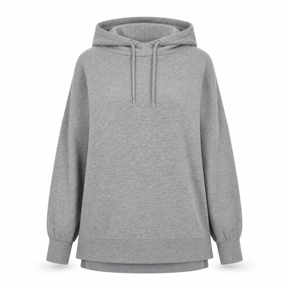 Front view of Dunnes women’s grey polyester pullover hoodie, size S, pullover