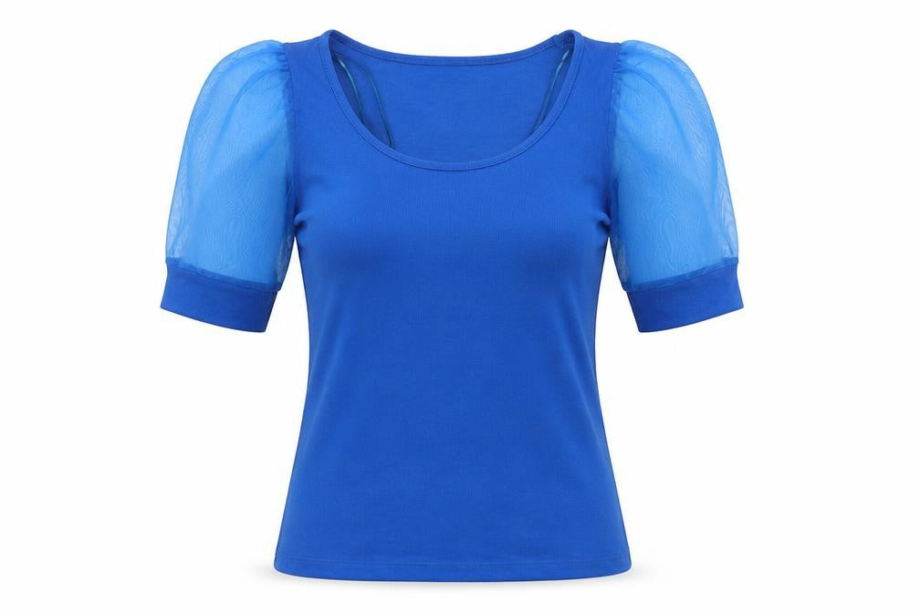 Front view of Gallery women’s blue scoop neck polyester jumper, size UK 8, -, size UK 8/10