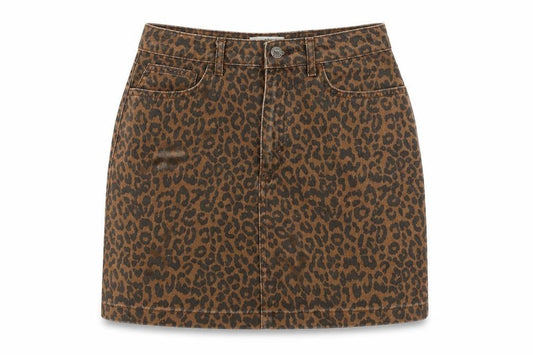 Front view of New Look girls’ brown animal print cotton a-line skirt, size 14, years regular zip