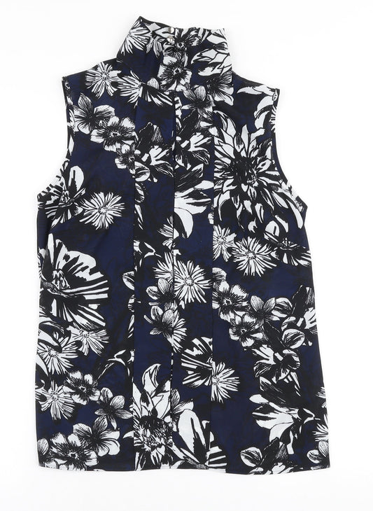 Papaya Womens Blue Floral Polyester Basic Blouse Size 10 High Neck