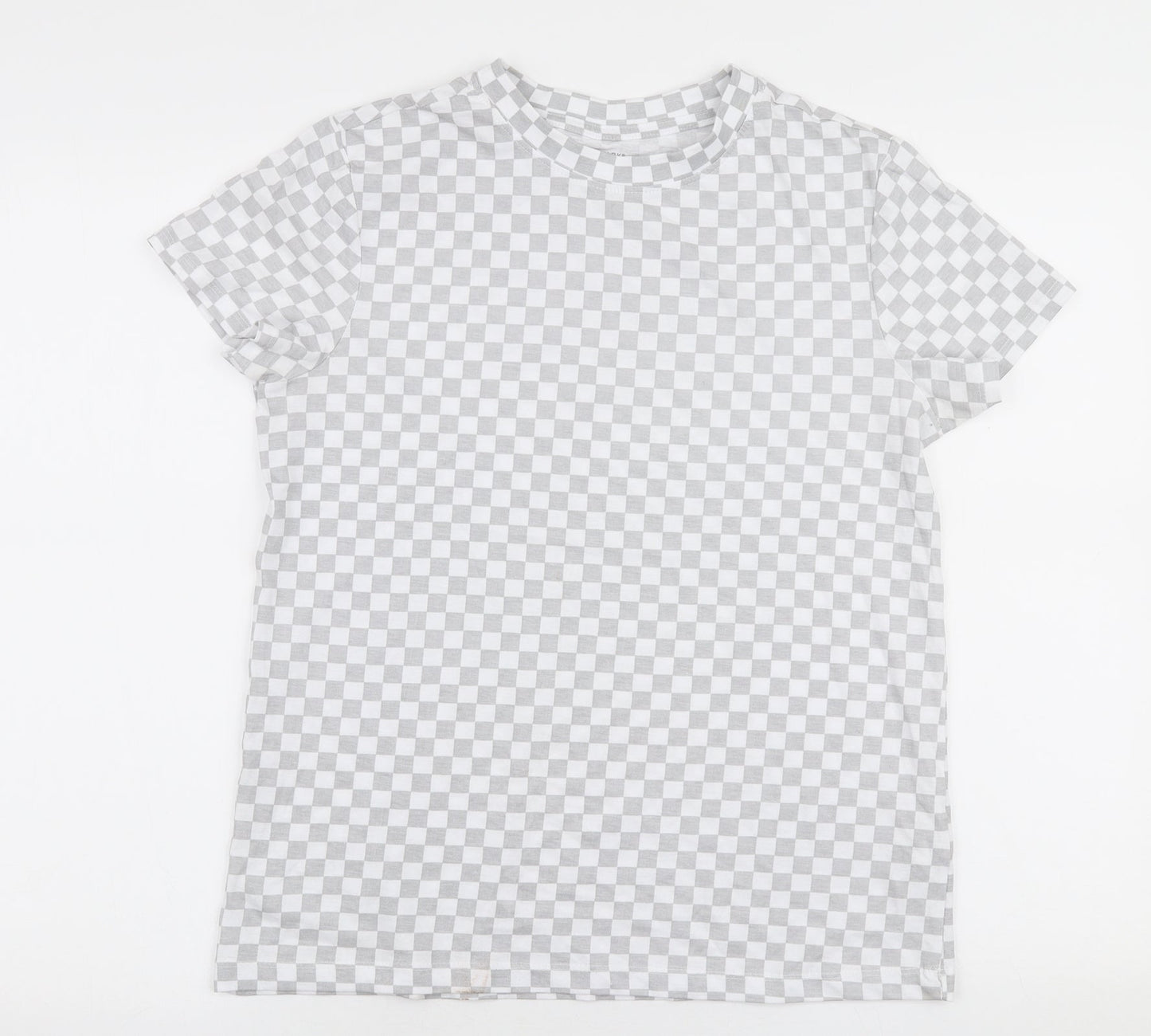 Primark Womens Grey Check 100% Cotton Jersey T-Shirt Size S Round Neck