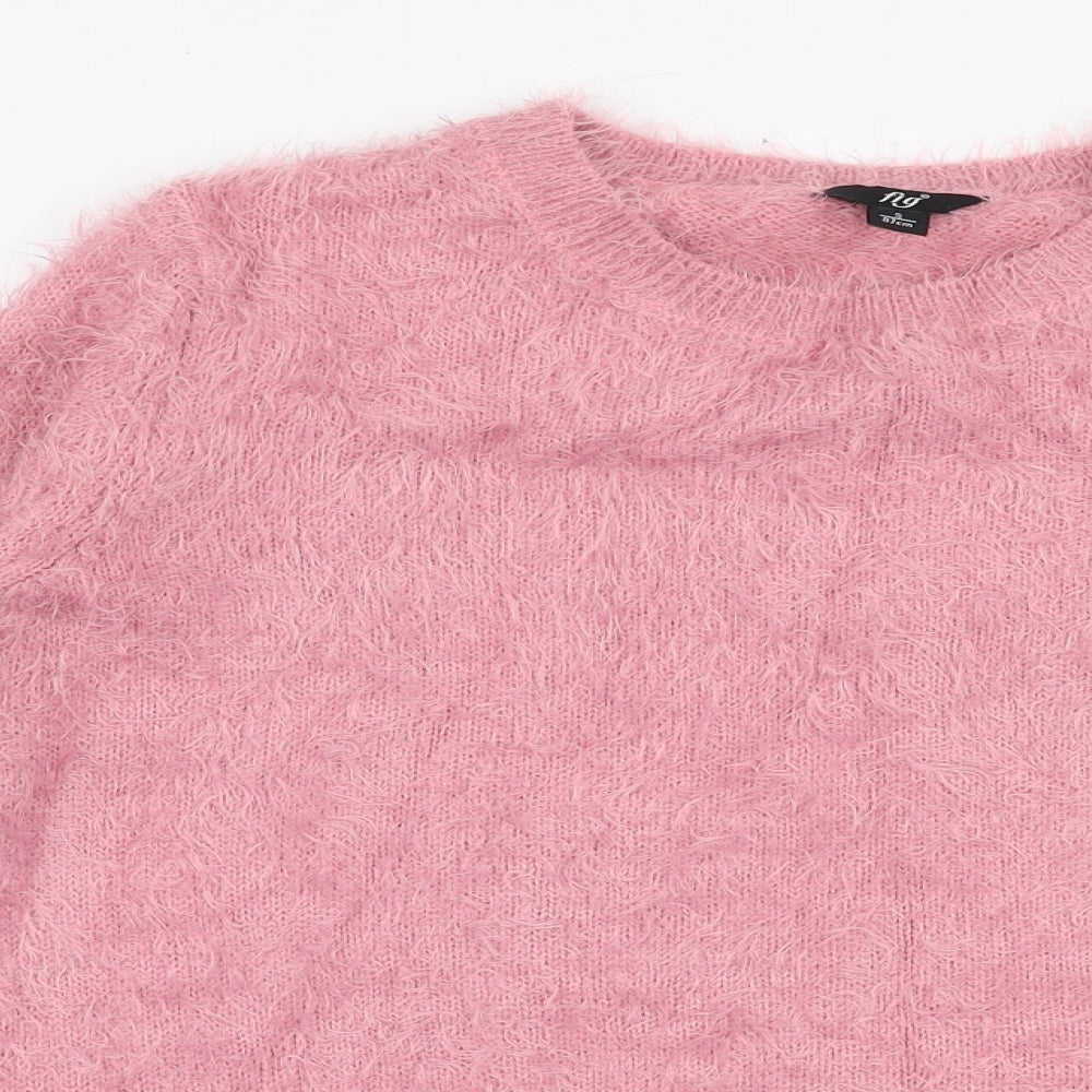 Close-up detail of Fig women’s pink round neck nylon jumper, size S