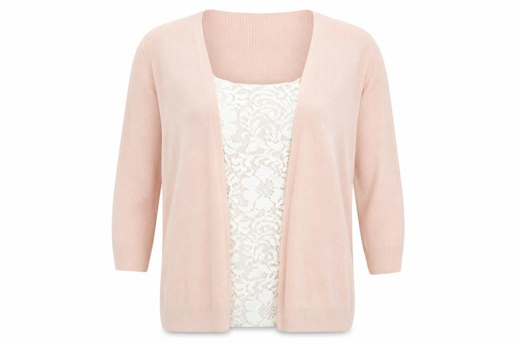 Front view of Marks & Spencer women’s pink round neck acrylic cardigan jumper, size UK 12