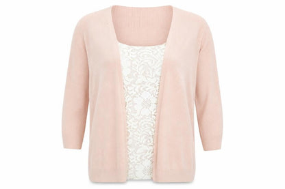 Front view of Marks & Spencer women’s pink round neck acrylic cardigan jumper, size UK 12