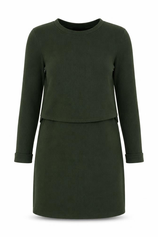 Front view of Topshop women’s green acrylic jumper dress, size UK 8, round neck pullover