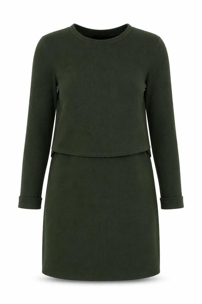Front view of Topshop women’s green acrylic jumper dress, size UK 8, round neck pullover